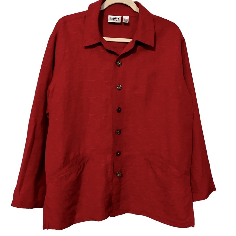 Chicos Silk Linen Red Button Front Blouse 3/XL Lightweight Collared Relaxed Chic